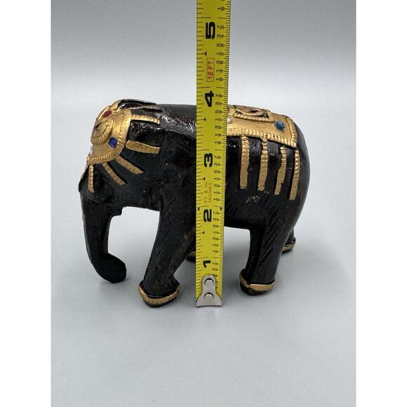 Vintage Black & Gold Colored Jeweled Elephant Wooden Painted Figurine 4” - Picture 8 of 9